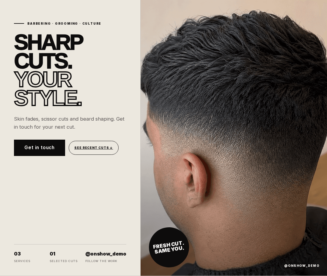 Fictional barber website demonstration: a close-up fade alongside a service introduction and Get in touch button.