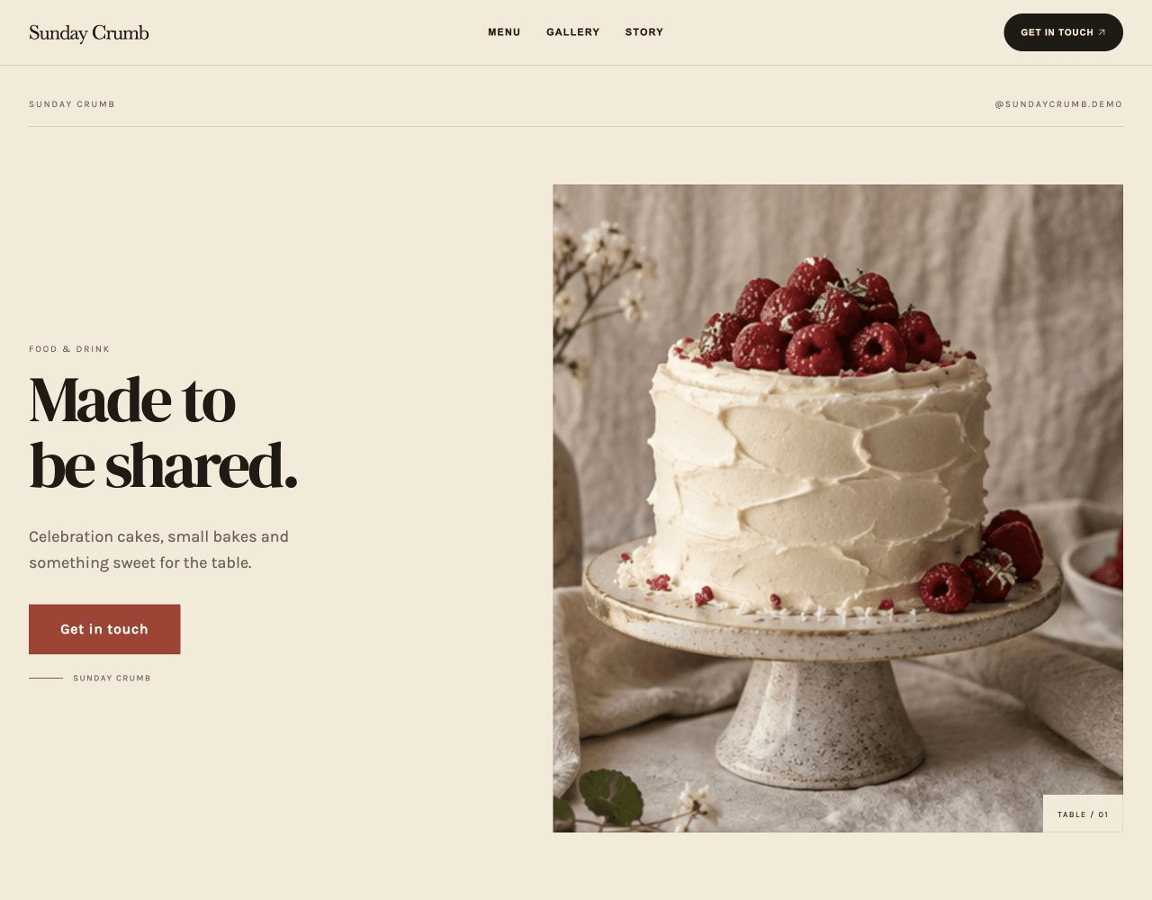 Sunday Crumb in the TABLE website design, showing a decorated celebration cake beside Made to be shared and a Get in touch button.