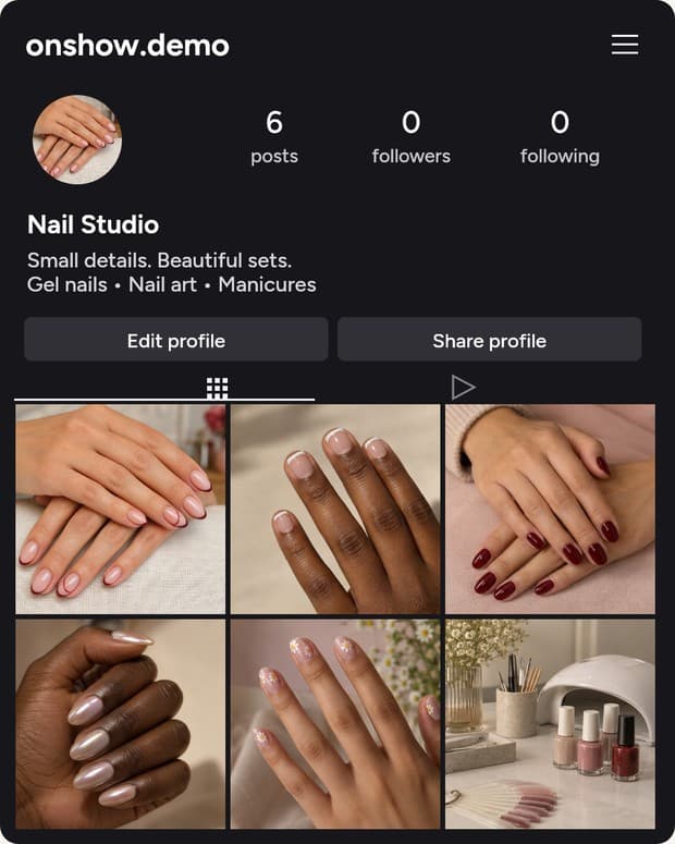 OnShow demo nail Instagram profile with a bio and six photographs in a three-column grid