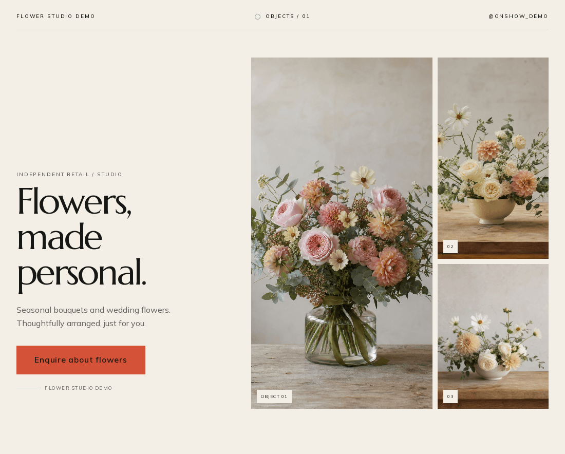 OnShow florist website demonstration built with fictional business details and AI-generated portfolio photographs.