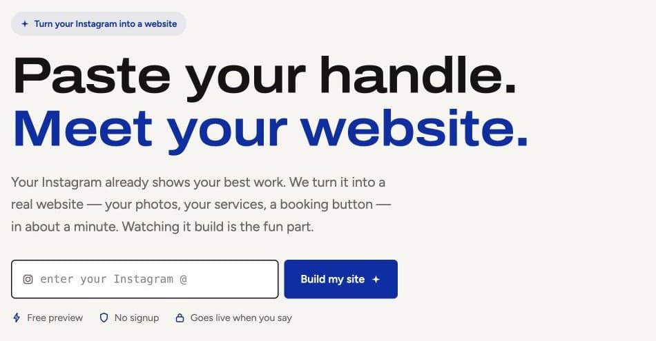 OnShow starting screen with the Instagram handle field and Build my site button.