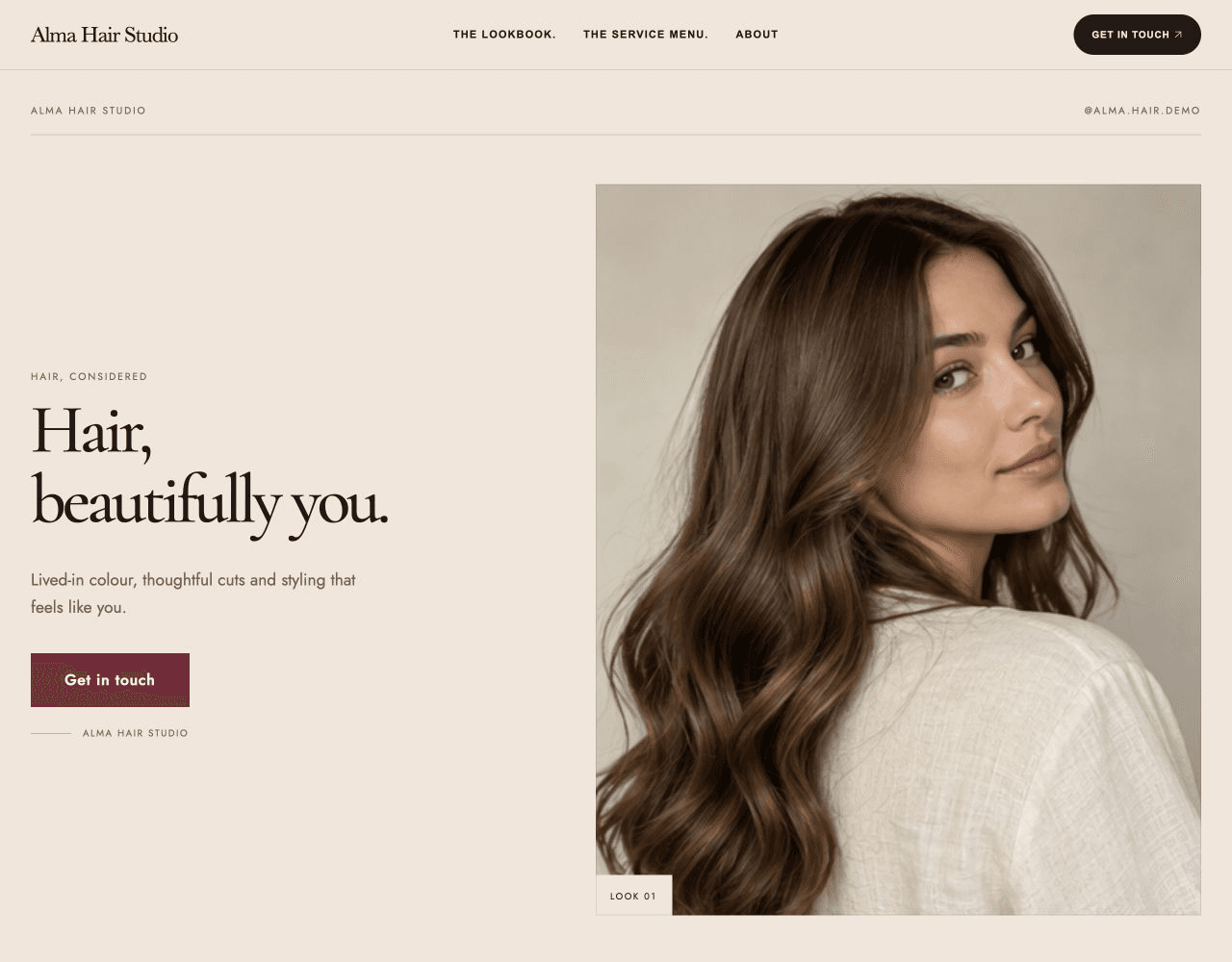 Alma Hair Studio in the SALON website design, with a hair portrait, soft cream palette and Hair, beautifully you headline.