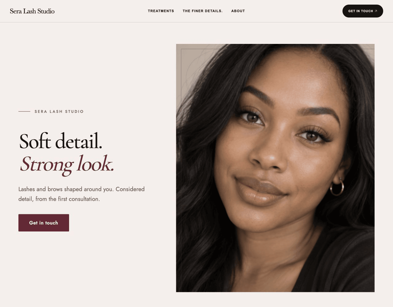 Sera Lash Studio in the PRECISION website design, featuring a close portrait, Soft detail. Strong look. and an enquiry button.