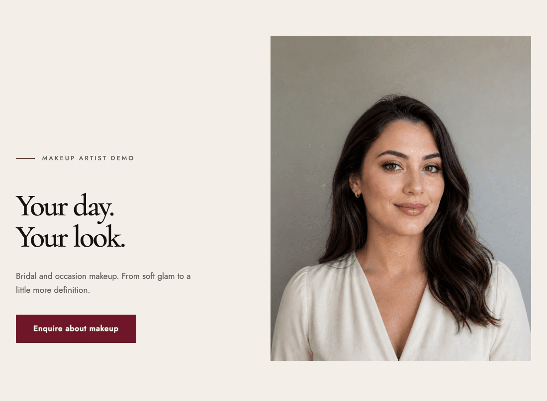 Fictional makeup artist website demonstration: a softly lit makeup portrait beside Your day, Your look and an Enquire about makeup button.