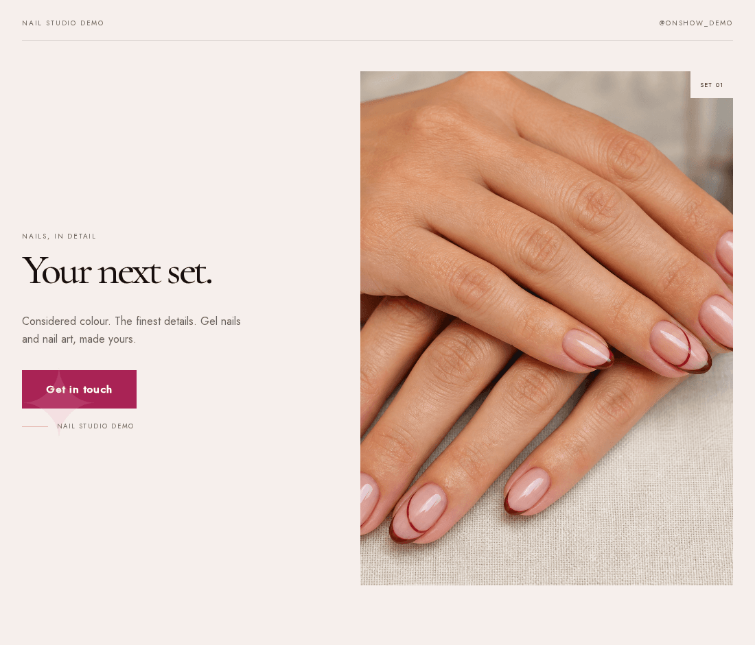 Nail-studio website displayed on a MacBook-style laptop, with its headline, introduction, contact button and portfolio photograph
