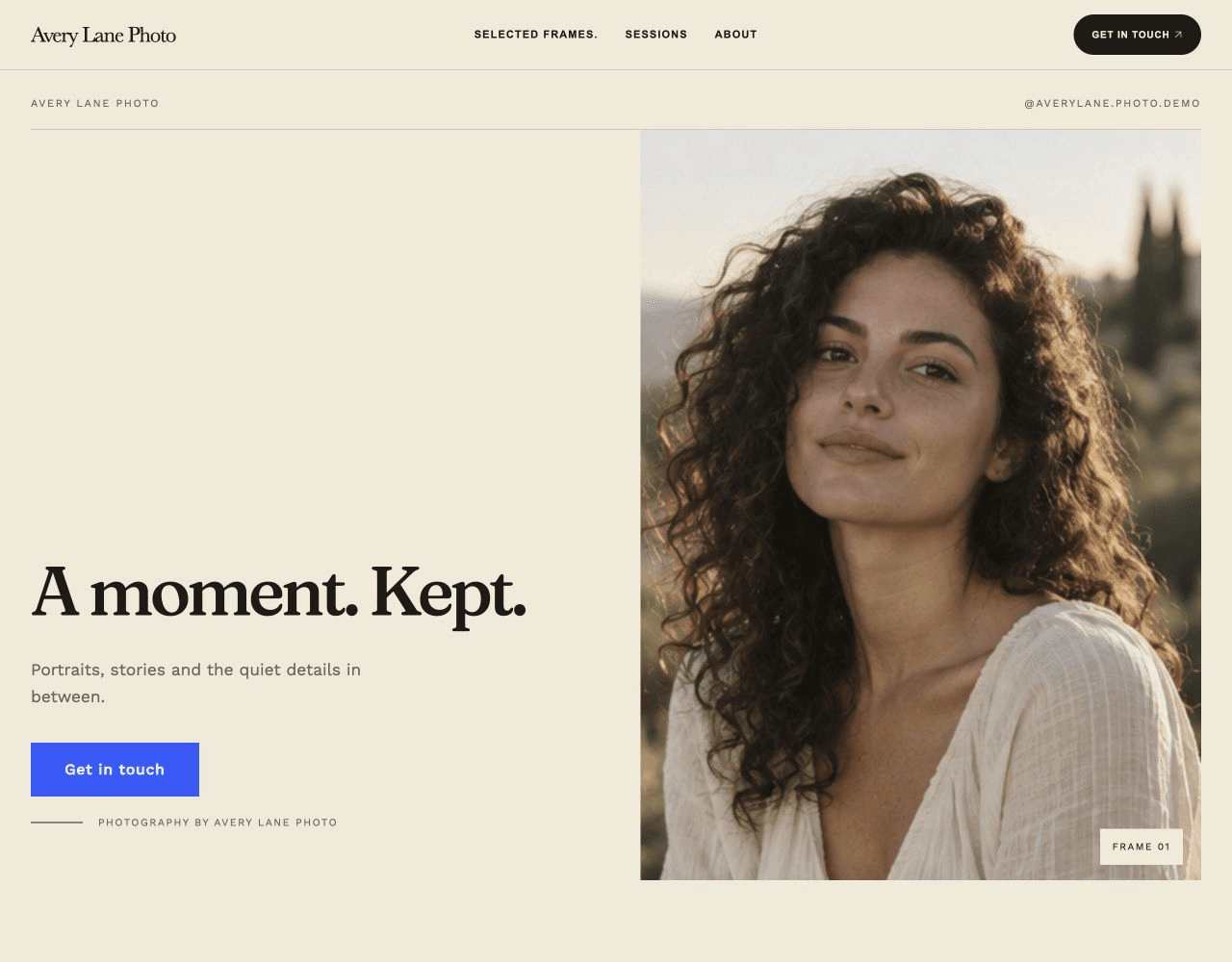 Avery Lane Photo in the FRAME website design, with a warm portrait, spacious typography and a Get in touch button.