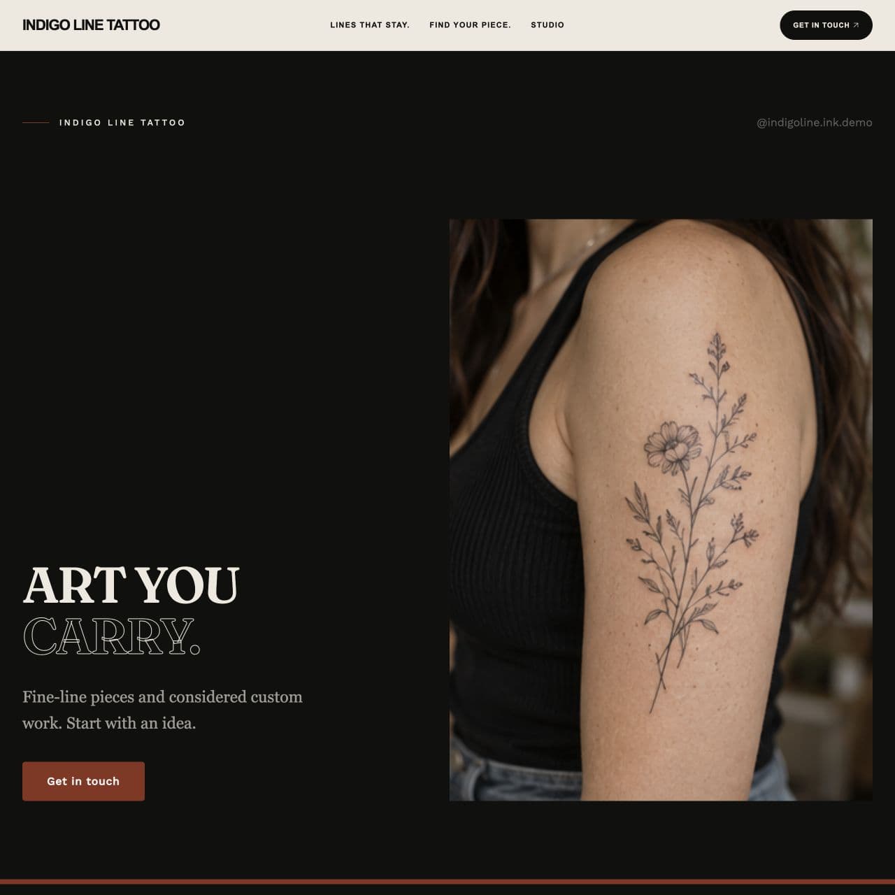 Indigo Line Tattoo in the dark INK website design, with floral tattoo photography, bold lettering and a contact button.