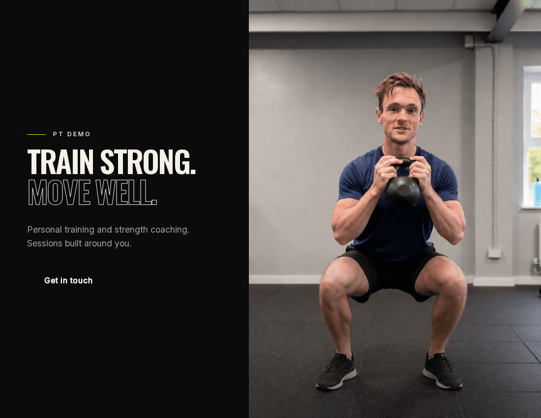 Fictional personal trainer website demonstration: Train strong, Move well beside a trainer holding a kettlebell, with his full head and body visible.
