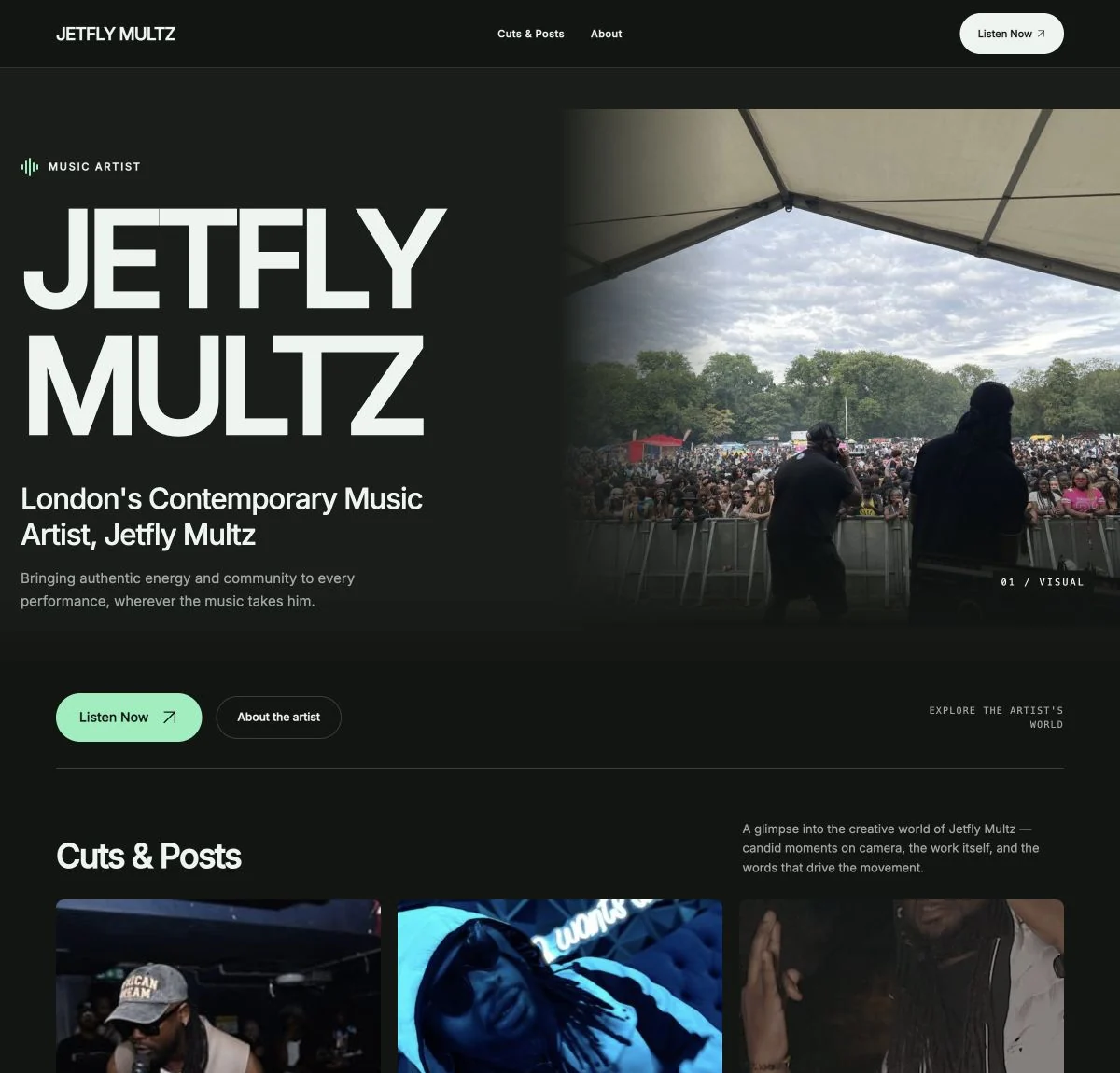 Jetfly Multz's dark green music website, with oversized artist typography beside a live performance photograph.