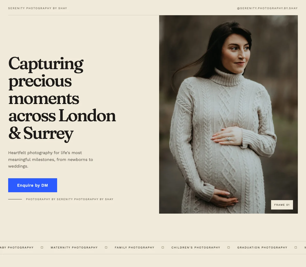 Serenity's warm cream photography website, with an editorial headline and a maternity portrait.
