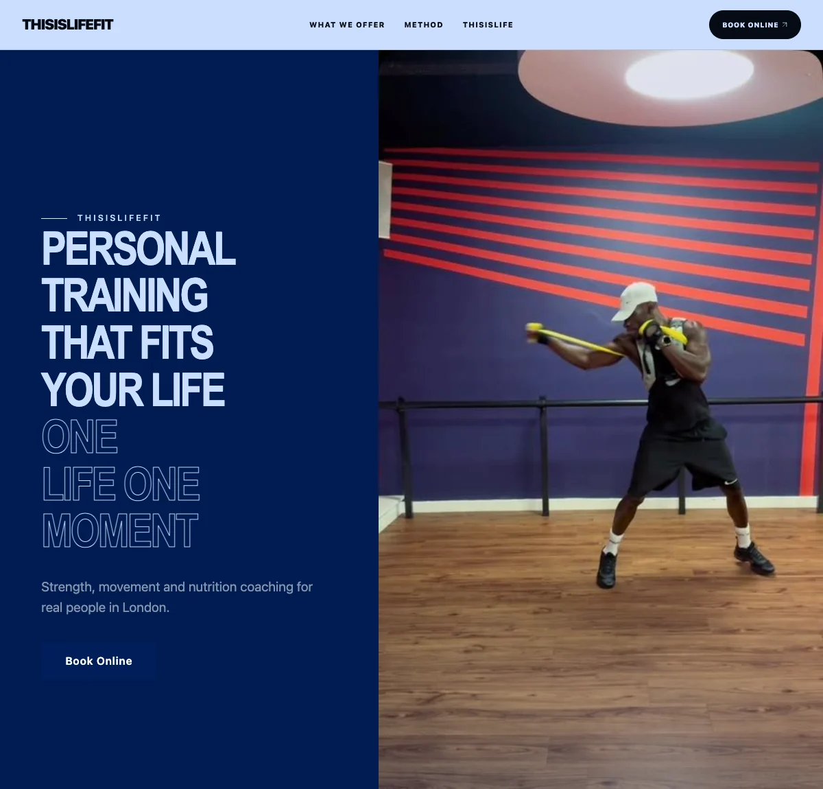 ThisislifeFit's navy and blue website, with bold personal-training typography beside a boxing photograph.