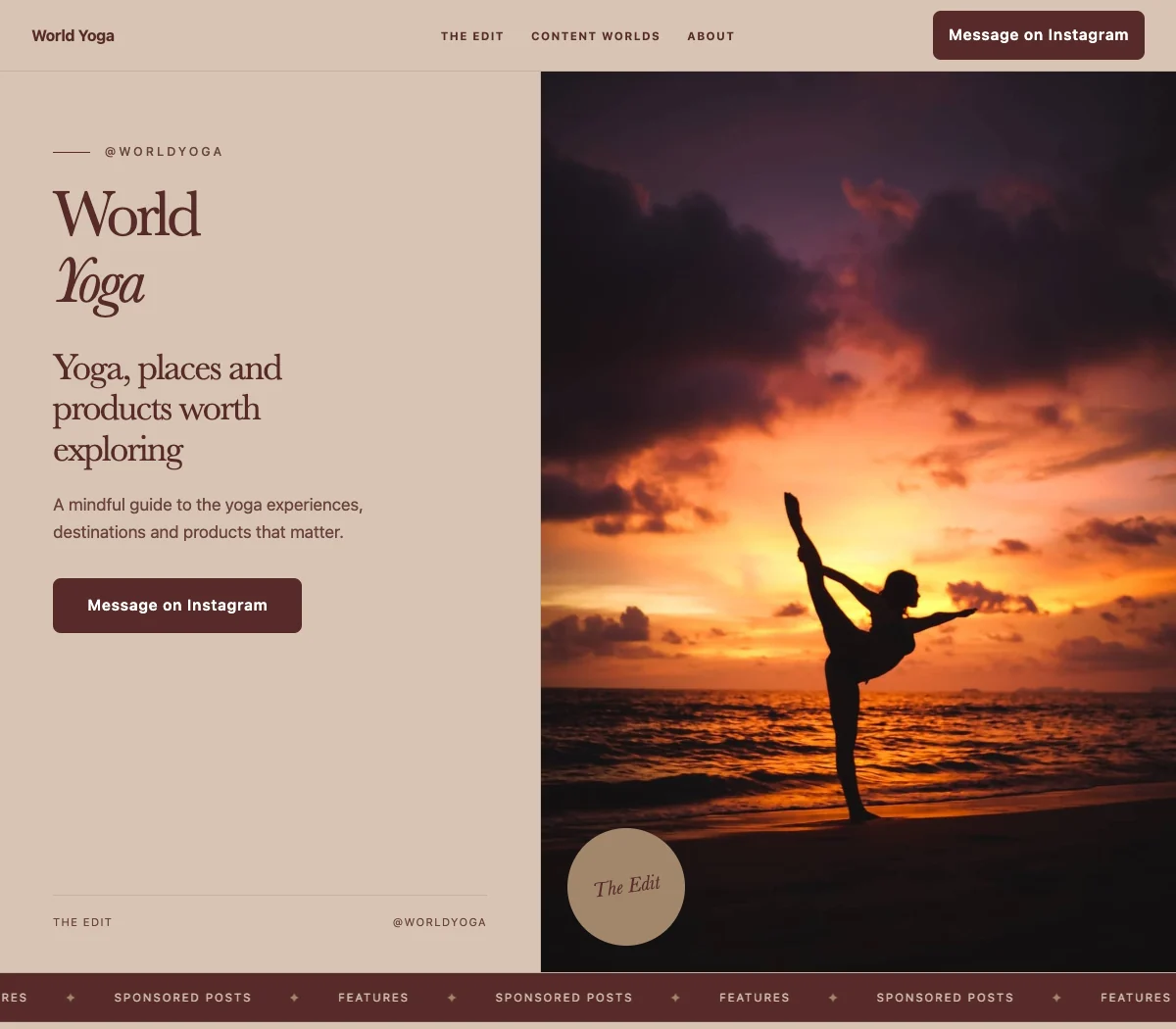 World Yoga's sand and burgundy website, with a serif headline and a yoga silhouette against a sunset.